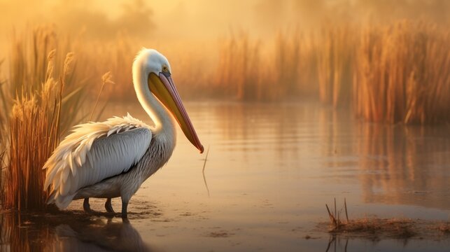 an image of a pelican in a serene coastal marsh at sunrise
