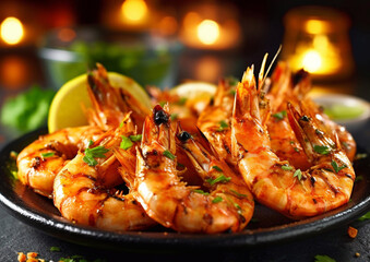 Grilled seafood prawn shrimps with lemon in plate on fine dining restaurant table.Macro.AI Generative