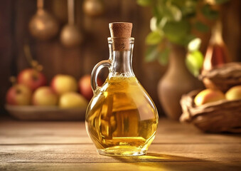 Glass bottle of organic apple vinegar on wooden table with ripe apples.Macro.AI Generative