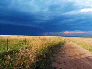 Road in the field. Storm approaching