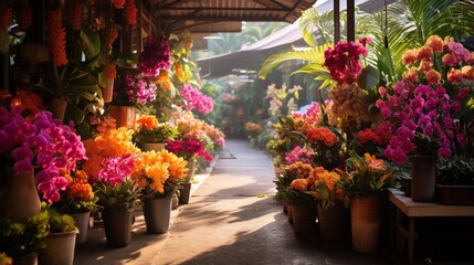 an image of a picturesque tropical flower market with vibrant blooms and exotic scents
