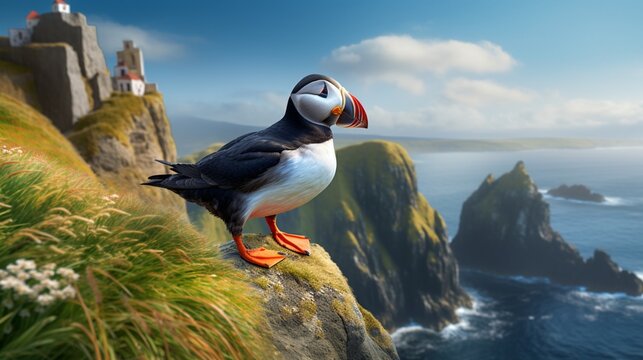 an image of a puffin perched on a rocky cliff against a dramatic coastal backdrop