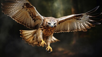 an image of a red-tailed hawk in a dramatic flight pose - obrazy, fototapety, plakaty