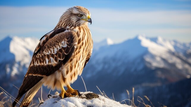 an image of a rough-legged hawk in a snowy mountain scene