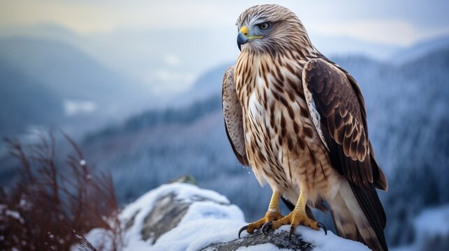 an image of a rough-legged hawk in a snowy mountain scene