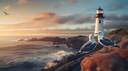 Foto op Aluminium an image of a seagull perched on a lighthouse overlooking a rocky coastline © Wajid