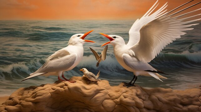 an image of a royal tern in a courtship display, offering a fish to its mate