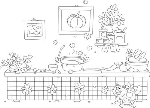 Pot of tasty vegetable soup cooking on a stove in a nice kitchen, black and white outline vector cartoon illustrations for a coloring book