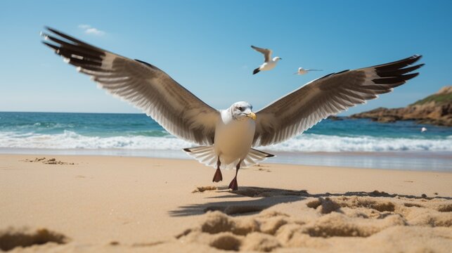 an image of a seagull gracefully landing on a beach