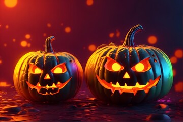 Halloween Neon Glowing Pumpkins, Halloween Night Pumpkin Wallpaper, Fire inside Pumpkin, Halloween background, AI Generative