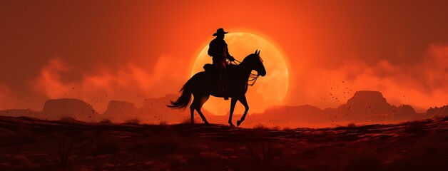 Cowboy on horseback in the desert at sunset. 3d render - obrazy, fototapety, plakaty