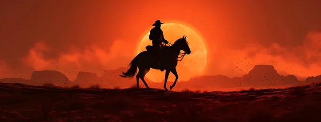 Selbstklebende Fototapeten Cowboy on horseback in the desert at sunset. 3d render © Gorilla Studio