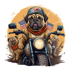 A pug dog confidently riding a motorcycle, wearing an American Flag Day t-shirt, exploring a hidden underground world with bioluminescent flora, Generative Ai