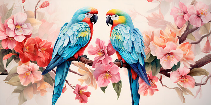 A colorful watercolor painting of a pair of parrots on curved branches with retrostyle tanical generated ai 