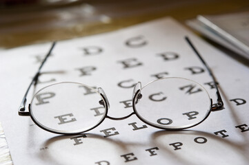 Eyeglasses resting on a vision testing chart; Edmonton alberta canada