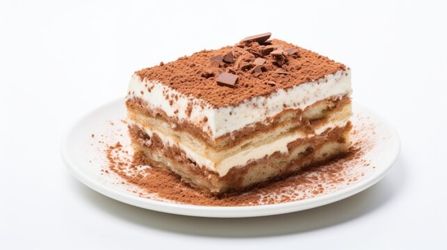 There is a picture of a piece of tiramisu cake by itself on a white background.