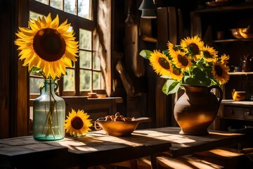 a sun-drenched room with a rustic charm, where the golden rays of sunlight dance upon a vibrant bouquet of sunflowers.. 4k, 8k, 16k, full ultra hd, ar 32 --v 5 --upbeta.
