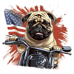 A pug dog confidently riding a motorcycle, its American Flag Day t-shirt fluttering, speeding through a vibrant futuristic city with towering skyscrapers, Generative Ai