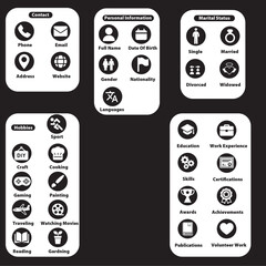 CV And Resume icons in black and white for work, job and education
