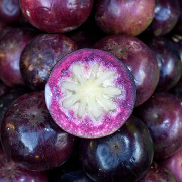 close up vivid purple star apple or milk fruit
