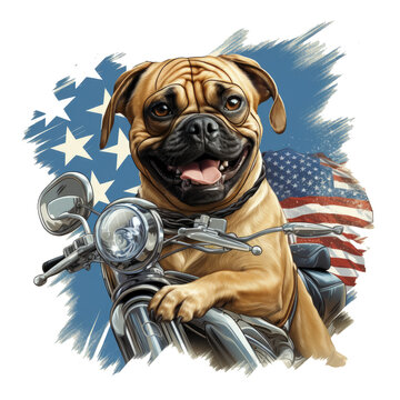 A pug dog joyfully riding a motorcycle, its American Flag Day t-shirt flapping in the wind, cruising along a scenic coastal road with breathtaking ocean views, Generative Ai