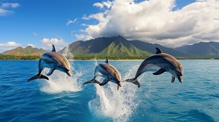Three lovely dolphins hopping over breaking waves Hawaii Pacific Sea natural life view Marine creatures in normal living space
