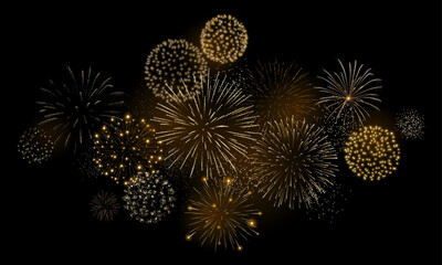 Gold fireworks vector background.