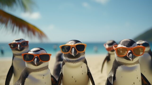 A group of penguins on a tropical beach vacation, wearing sunglasses and sun hats.