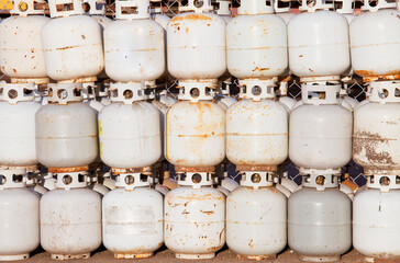 Used propane tanks piled up for recycling; Edmonton, alberta, canada