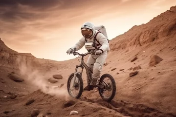 Fotobehang Astronaut outer space rides mountain cycling bike pictures AI Generated art © DolonChapa