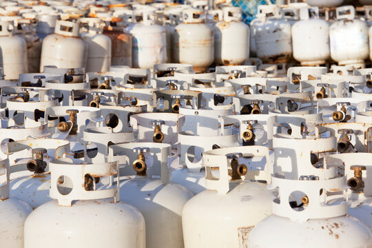 Used propane tanks piled up for recycling; Edmonton, alberta, canada