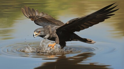 an image of a snail kite capturing a snail from the water's surface