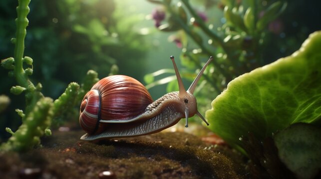 A snail making its slow journey across a garden path.