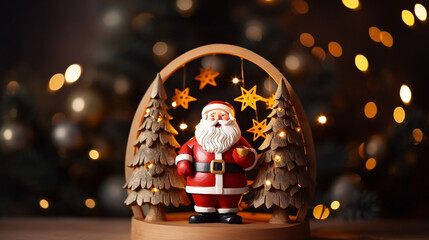 wood figurine of santa claus and christmas tree