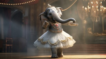 An elephant dressed as a ballerina, gracefully pirouetting on a stage.