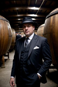 the 1920s era, the gangster aesthetic, and the distillery backdrop
