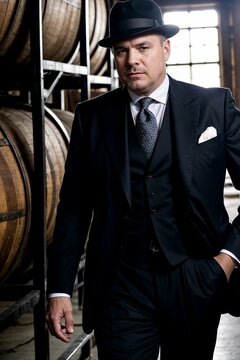 the 1920s era, the gangster aesthetic, and the distillery backdrop