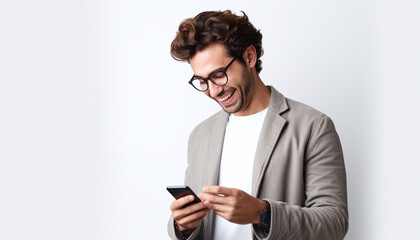 Smiling Young Man in Glasses Using Mobile Phone on White Background