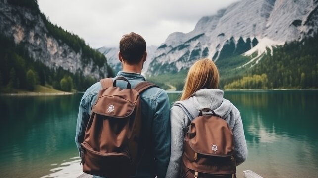 Travelers couple see at the mountain lake Travel and dynamic life concept with group Enterprise and travel within the mountains locale within the Austria Travel picture