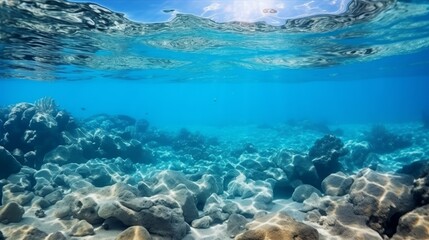 Fototapeta na wymiar Tropical blue sea with white sand and stones submerged in Hawaii Sea foundation