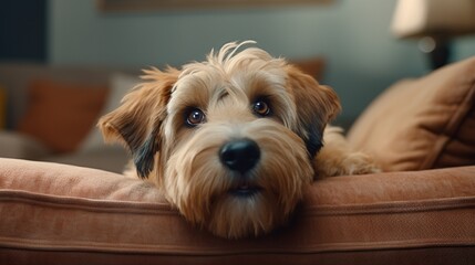 Capture a close-up of the Wheaten Terrier's expressive eyes as it lounges on the couch.