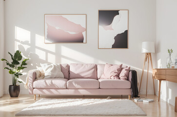 A Grey Sofa Accented with Pink Pillows and a Cozy Blanket Takes Center Stage Against a White Wall Adorned with an Abstract Art Poster Showcasing the Modern Elegance of This Living Room Interior design