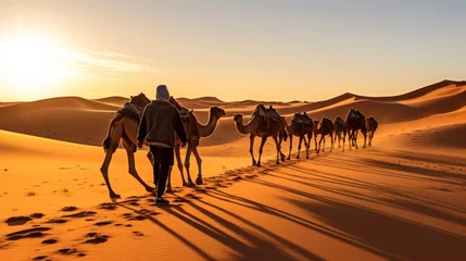 Schilderijen op glas Tuareg with camels walk thru the forsake on the western portion of The Sahara Leave in Morocco The Sahara Leave is the universes biggest hot forsake © Roma