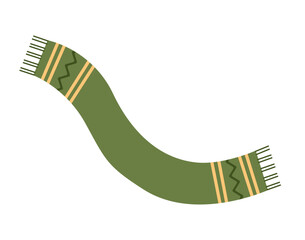 Knitted wool green scarf. Hand-drawn element of winter warm clothing. Flat vector illustration isolated on white background.