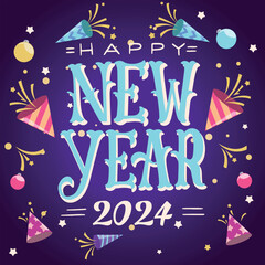 Happy New Year 2024 with gold glitter - Black background