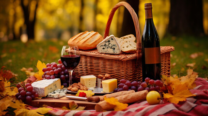 Picnic basket with food and wine on a blanket in th, generative ai