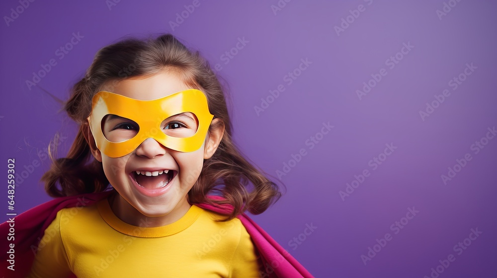 Wall mural a young child is pretending to be a superhero. child against a vivid ultra violet wall. concept of g