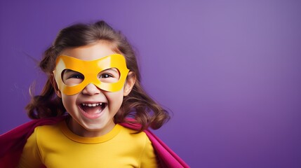 A young child is pretending to be a superhero. Child against a vivid ultra violet wall. Concept of...