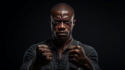 Obraz premium Portrait of a strong African American man making fist motions on a dark background
