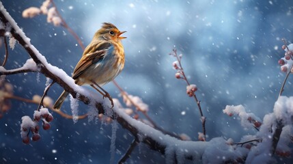 an image of a songbird in a winter wonderland with snowflakes - obrazy, fototapety, plakaty